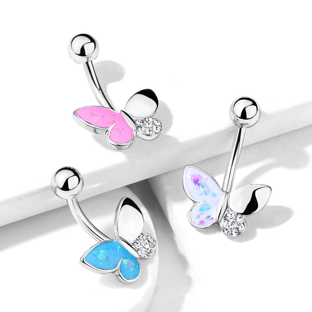 Belly Button Piercing Butterfly Zirconia Opal Silver