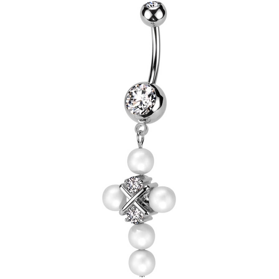 Piercing Nombril Pendentif Croix Perle Zircone