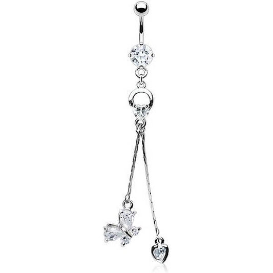 Piercing Nombril Pendentif Cœur Papillon Zircone Argent