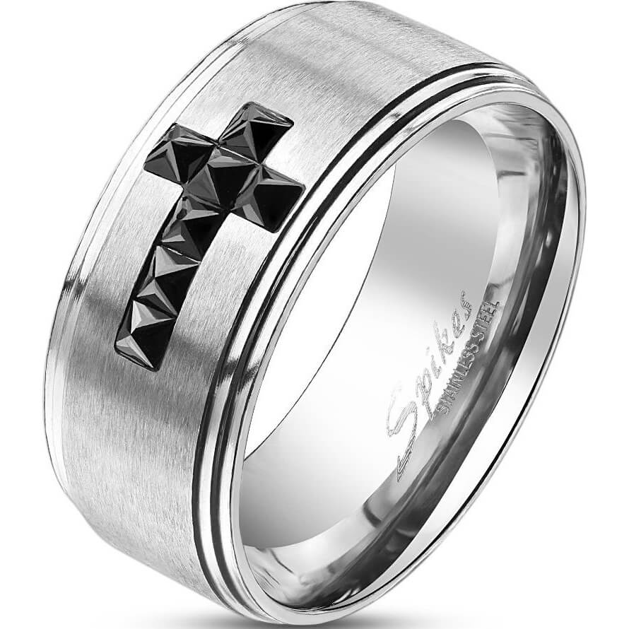 Anneau Croix Zircone Noir Argent