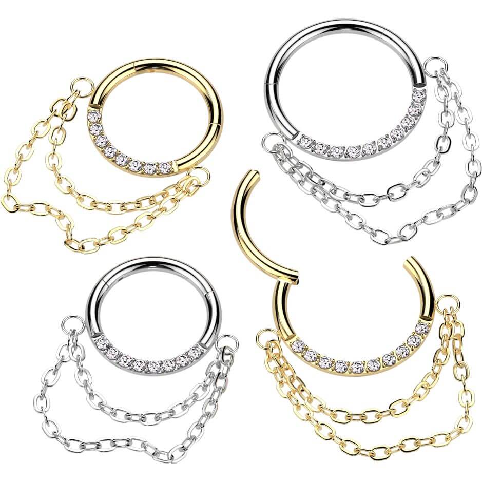 Titanium Ring double chain dangle zirconia Clicker