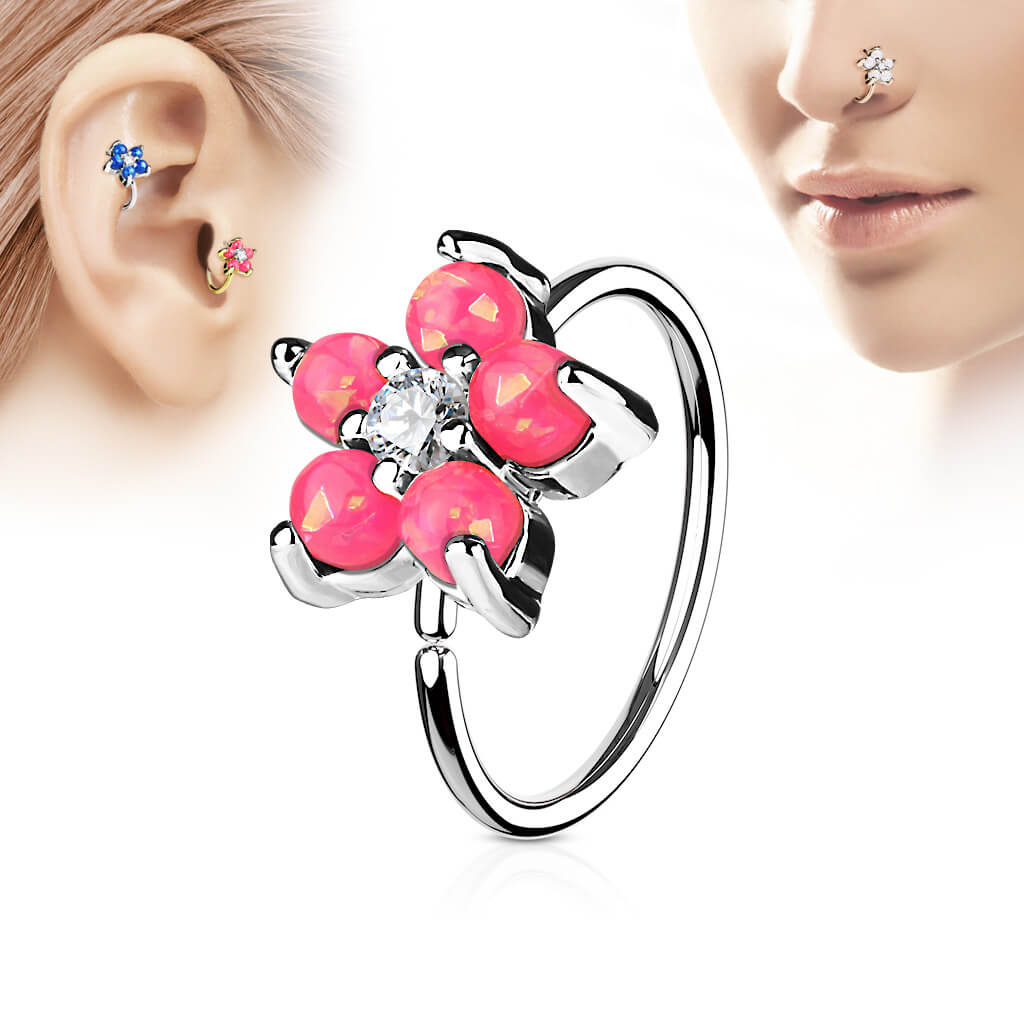 Anello Piercing Fiore argento e opali Pieghevole