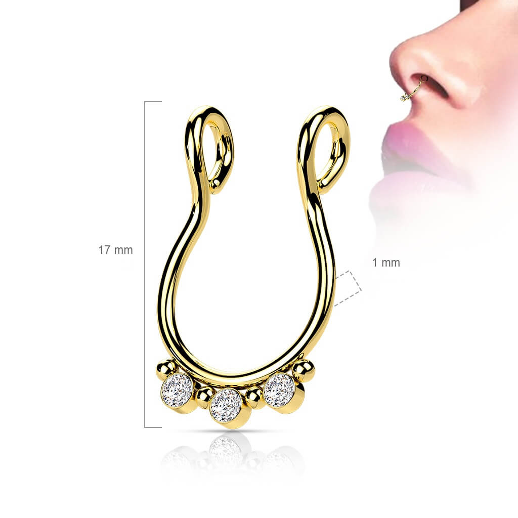 Fake Nose Piercing Septum 3 Zirconia Flat Bendable