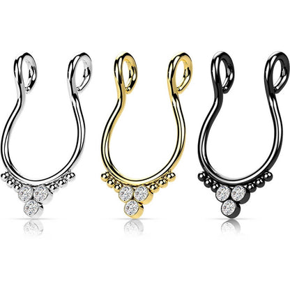 Faux Piercing au nez Septum Triangle 3 Zircone Plat Pliable