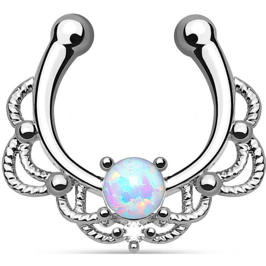 Fake Nose Piercing Septum Opal Round Silver Bendable