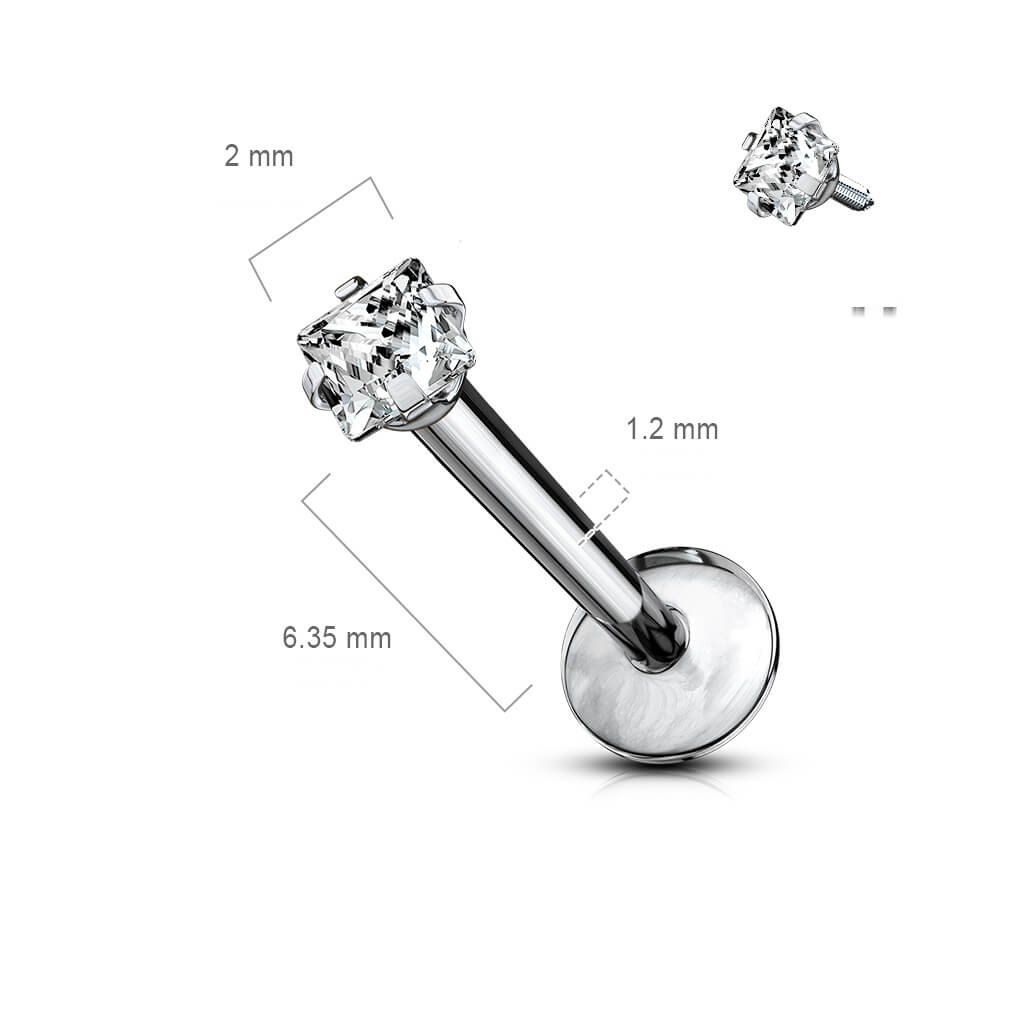 Titanium Labret Square Zirconia Silver Internally Threaded