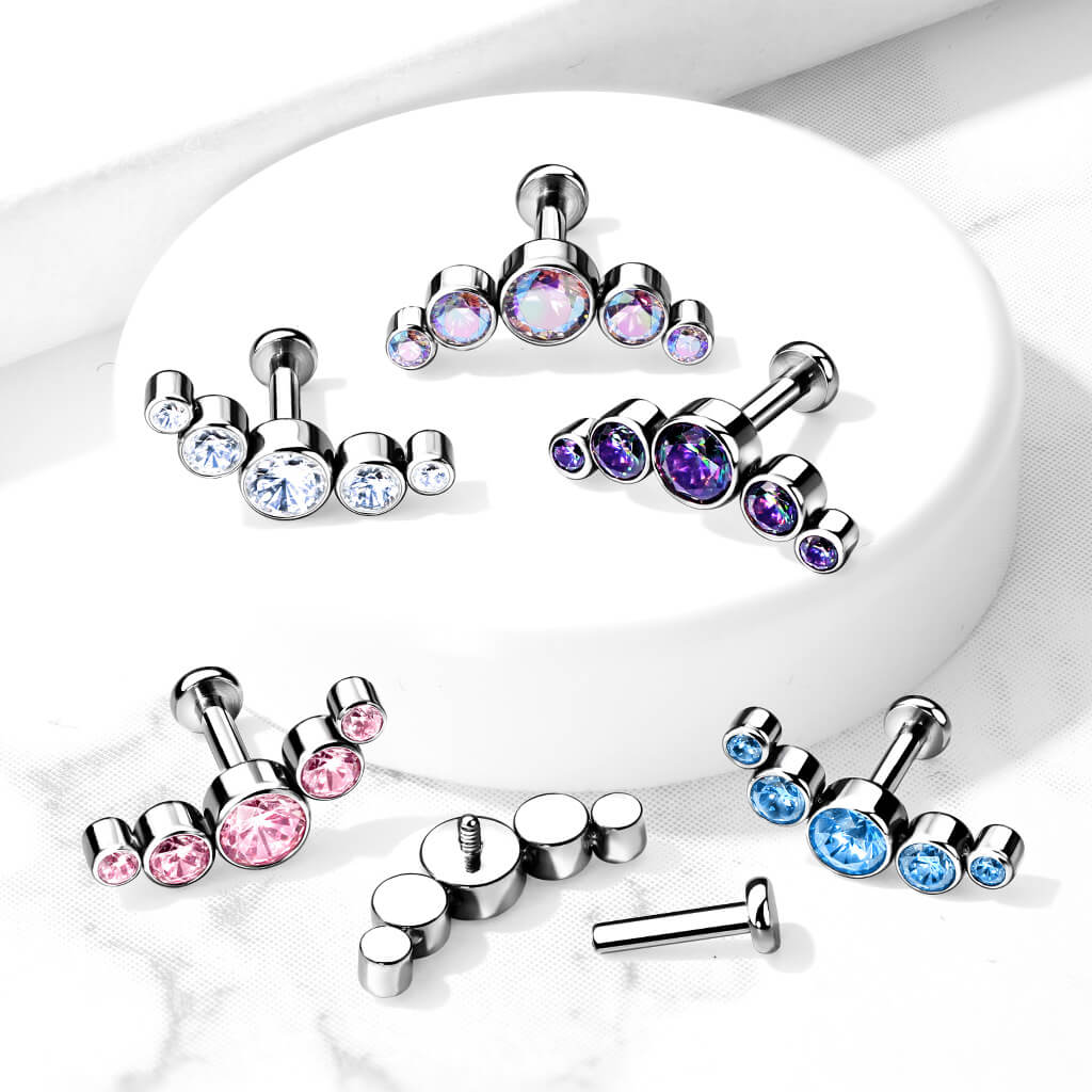 Titanium Labret 5 Zirconia Flat Silver Internally Threaded