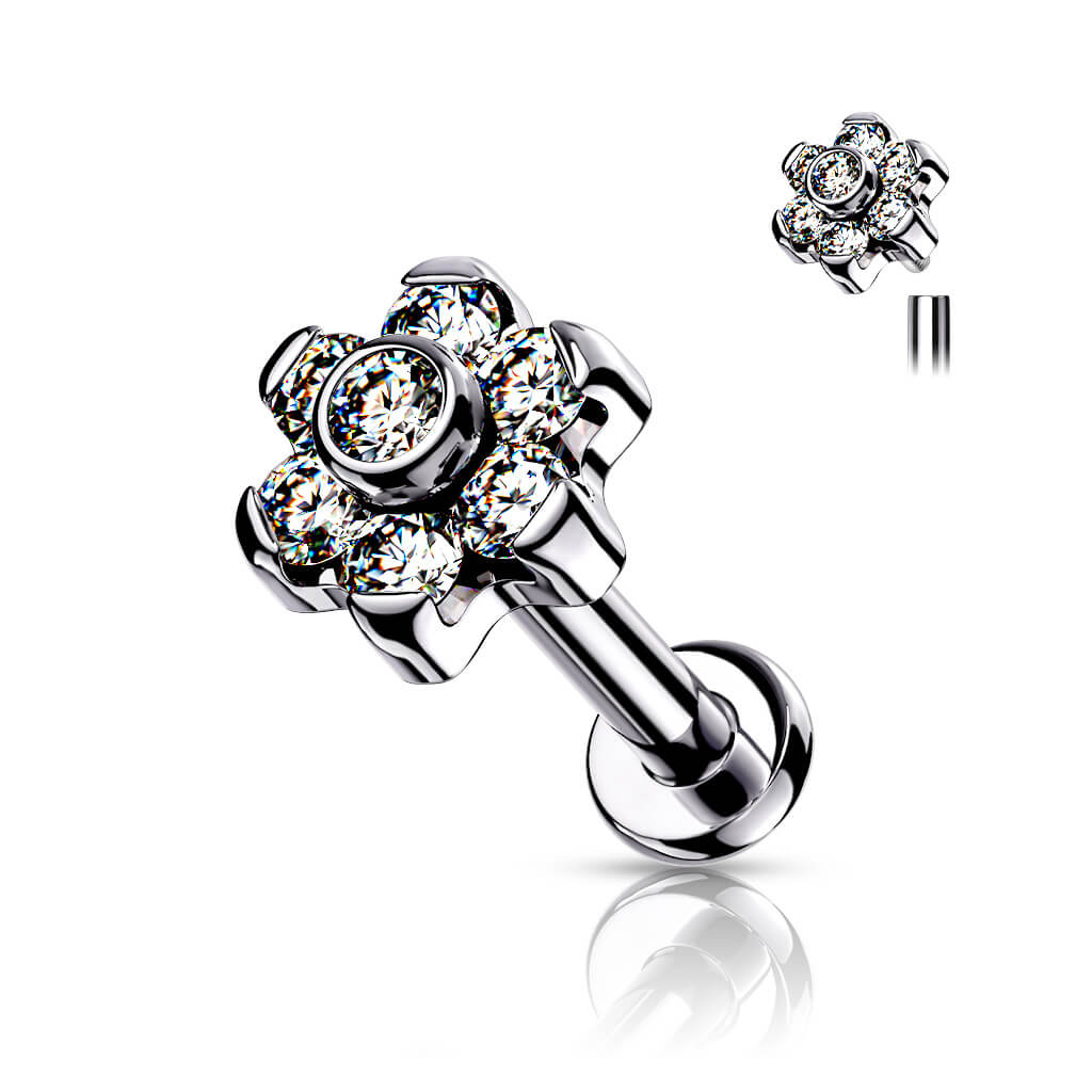 Titanium Labret Flower Zirconia Silver Internally Threaded