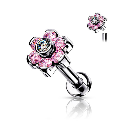 Titanium Labret Flower Zirconia Silver Internally Threaded