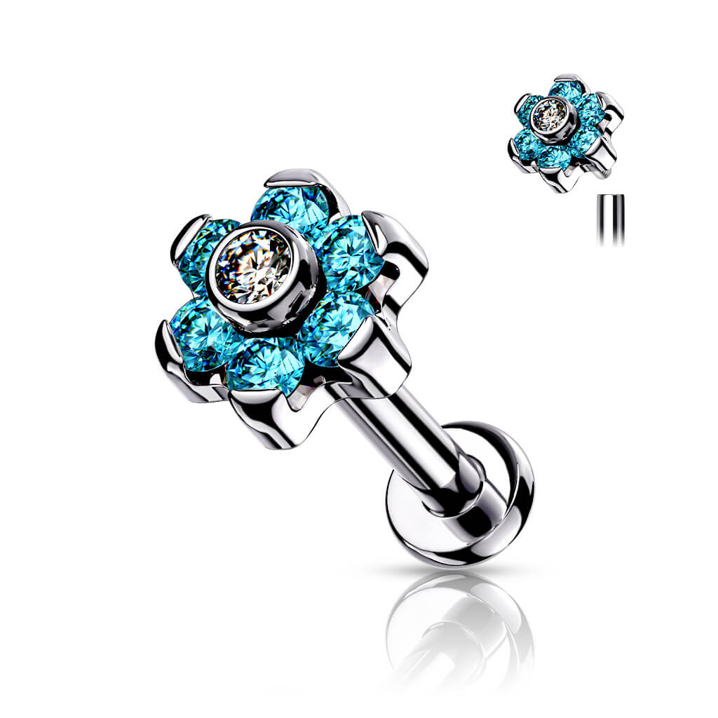 Titanium Labret Flower Zirconia Silver Internally Threaded