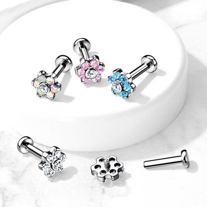 Titanium Labret Flower Zirconia Silver Internally Threaded