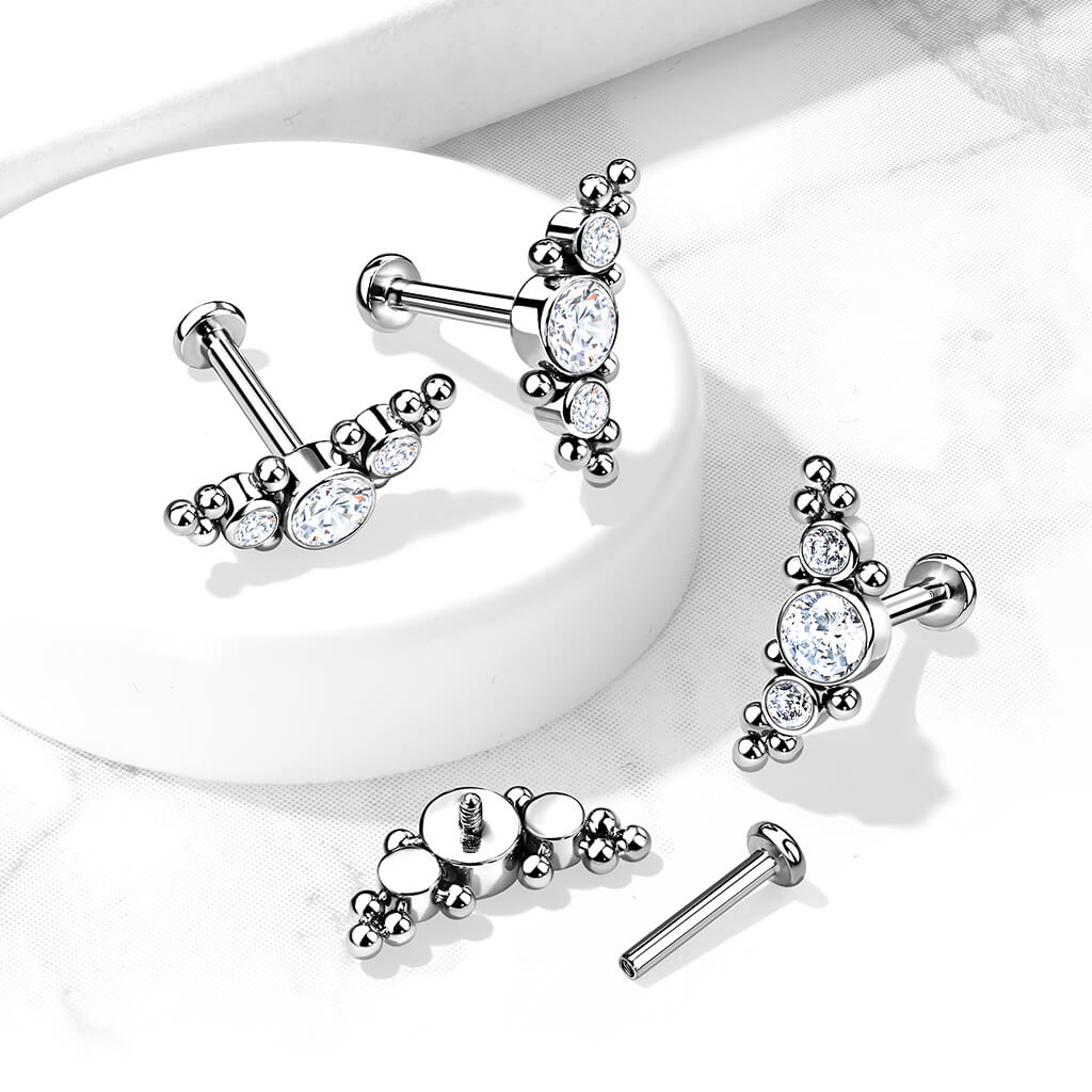 Titanium Labret 3 Zirconia Flat Silver Internally Threaded