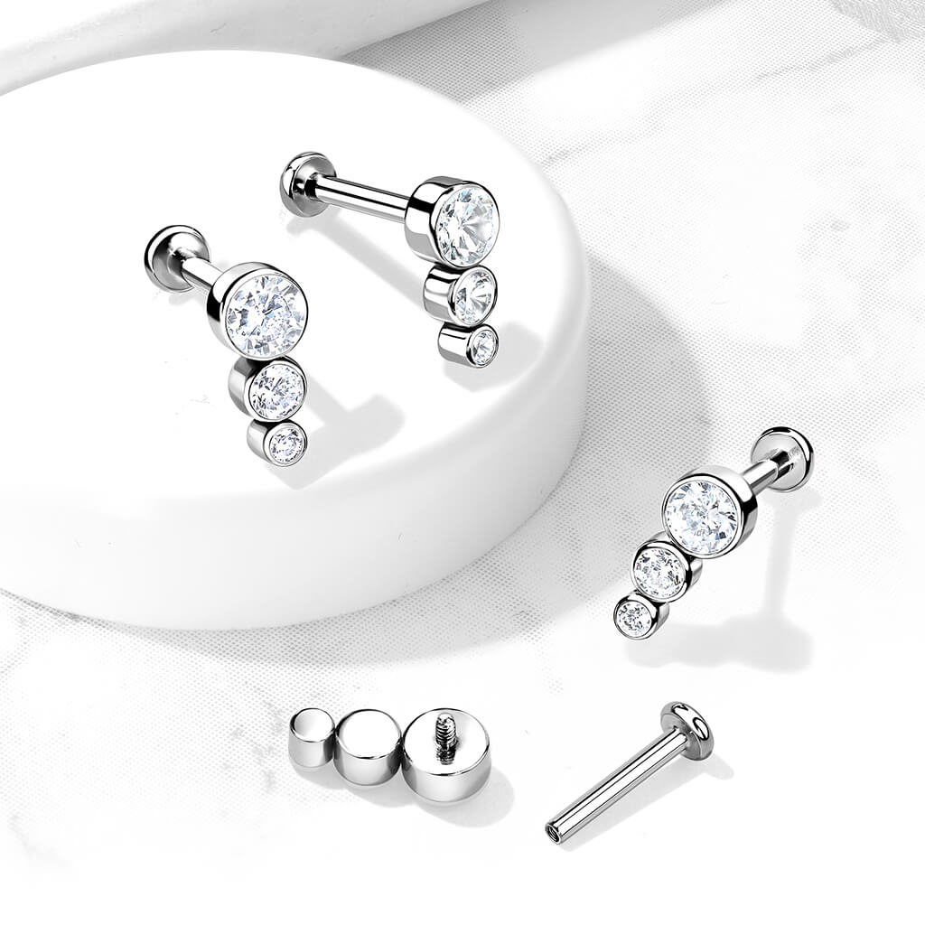 Titane Labret 3 Zircones Plates Argent Filetage Interne