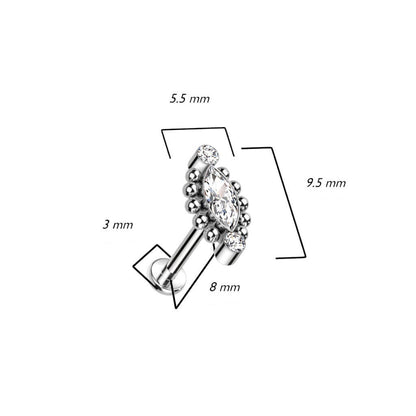 Titanium Labret Marquise Cut Zirconia Silver Internally Threaded