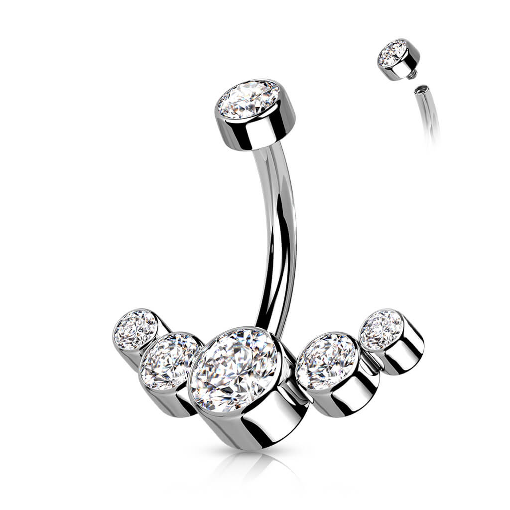 Titanio Piercing Ombelico Argento e 5 zirconi Filettatura Interna