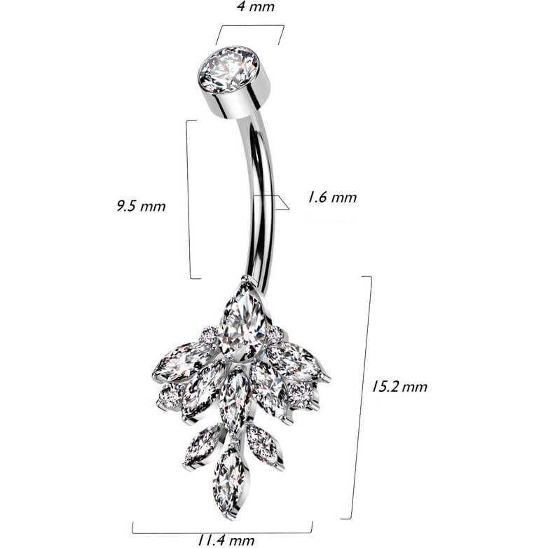 Titanio Piercing Ombelico Foglia di Zirconi taglio Marquise Filettatura Interna