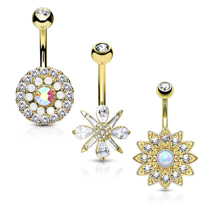 Belly Button Piercing Flowers Zirconia Opal Gold