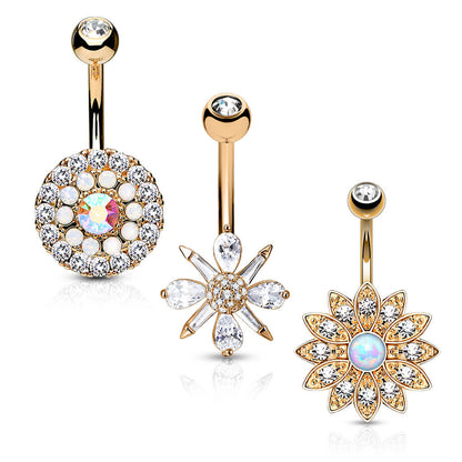 Belly Button Piercing Flowers Zirconia Opal Gold