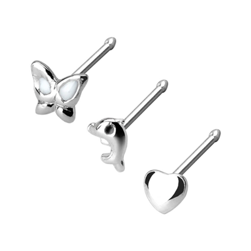 Silver 925 Nose Stud Set Butterfly Heart Dolphin Silver