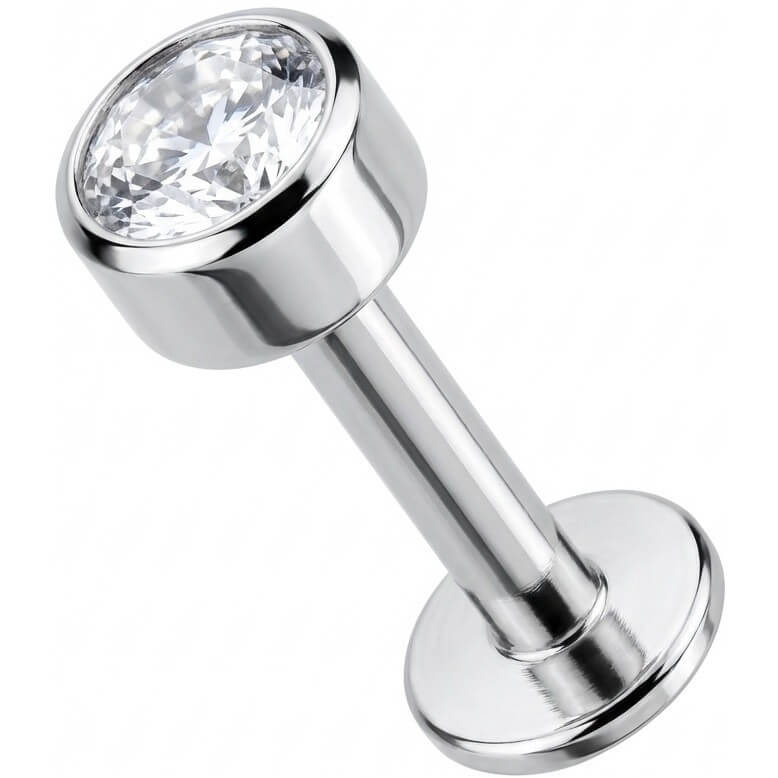 Titanium Labret Round Bezel Set Clear Crystal Internally Threaded