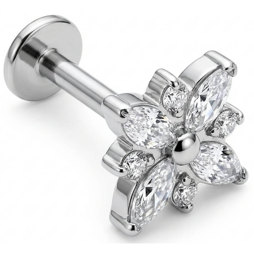 Titanium Labret Marquise Crystal Flower Blossom Internally Threaded