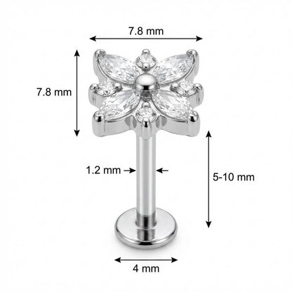 Titanium Labret Marquise Crystal Flower Blossom Internally Threaded