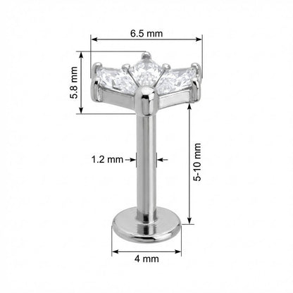 Titanium Labret Triple Crystal Fan Cluster Internally Threaded