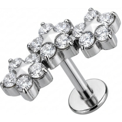 Titanium Labret Triple Crystal Star Flower Cluster Internally Threaded