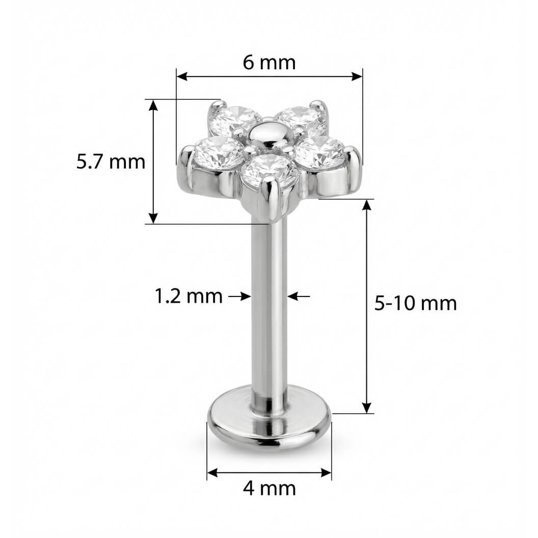 Titanium Labret Clear Crystal Flower Blossom Internally Threaded