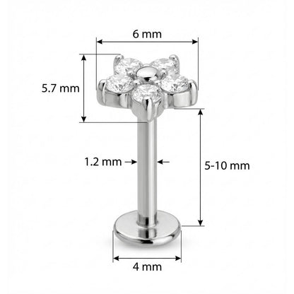 Titanium Labret Clear Crystal Flower Blossom Internally Threaded