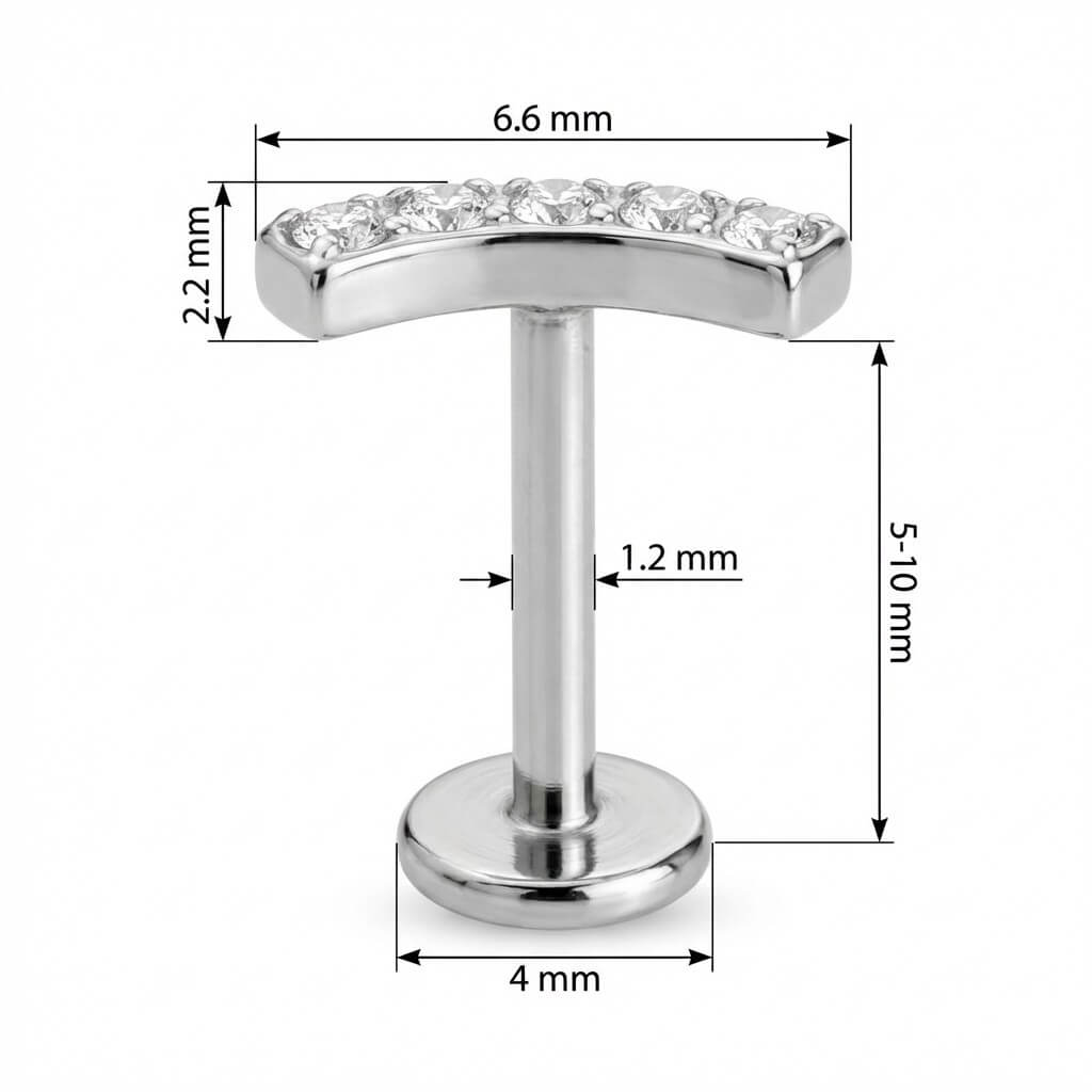 Titanium Labret Curved Bar With Five Crystals Internally Threaded