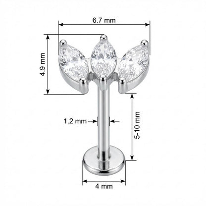 Titanium Labret Triple Marquise Crystal Fan Internally Threaded