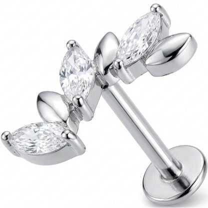 Titanium Labret Crystal And Metal Leaf Vine Internally Threaded