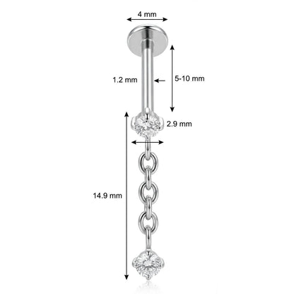 Titanium Labret Dangle Chain Double Zirconia Internally Threaded