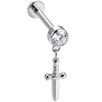 Titanium Labret Dangling Dagger With Clear Crystal Internally Threaded