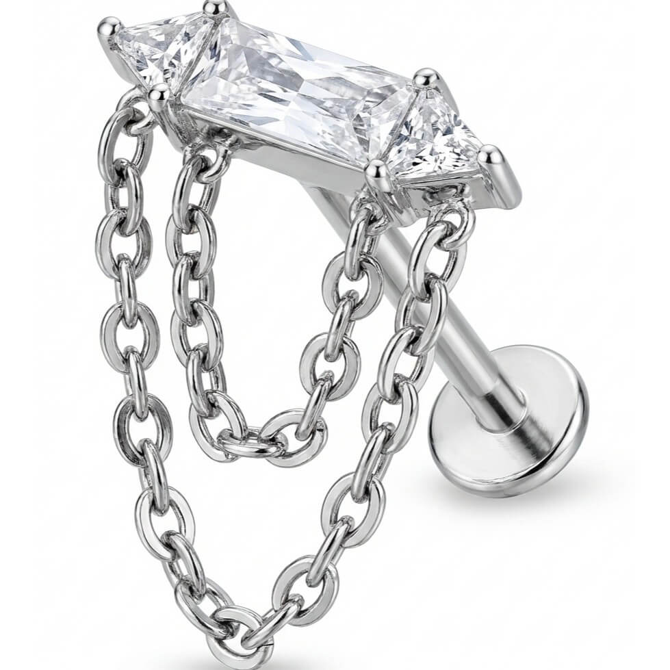 Titanium Labret Baguette Zirconia With Draped Chains Internally Threaded