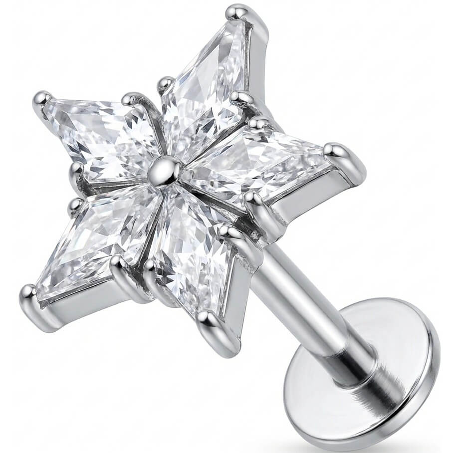 Titanium Labret Five Point Crystal Star Internally Threaded
