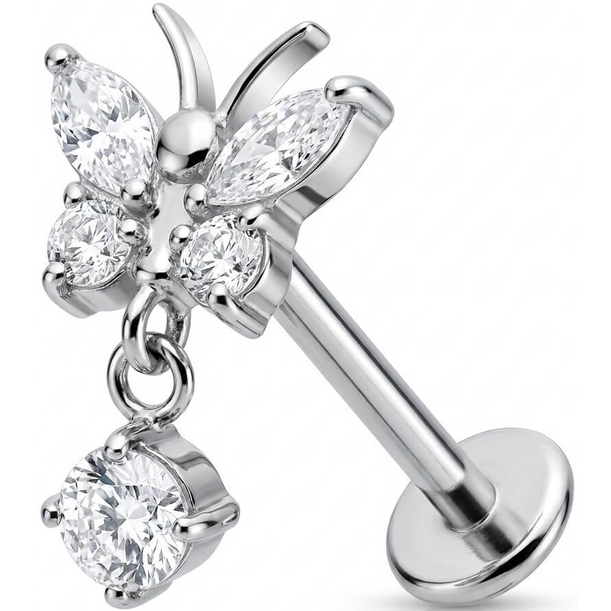 Titanium Labret Butterfly With Dangle Zirconia Internally Threaded