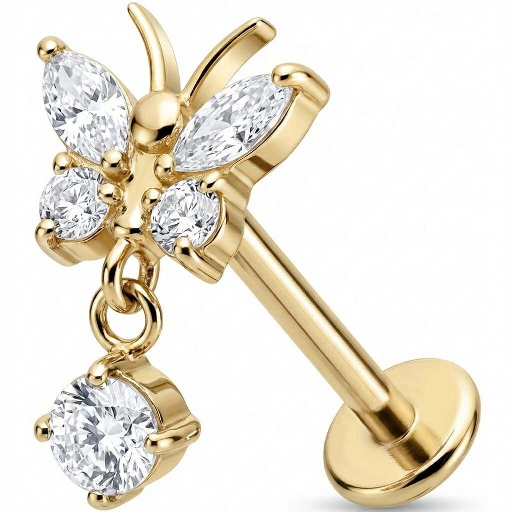 Titanium Labret Butterfly With Dangle Zirconia Internally Threaded