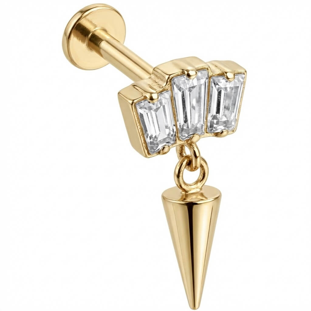 Titanium Labret Triple Baguette Crystal Spike Dangle Internally Threaded