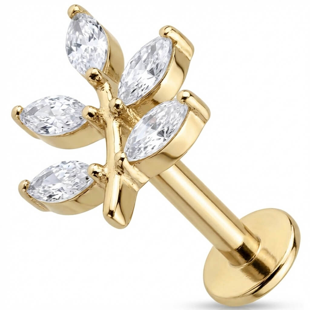 Titanium Labret Crystal Marquise Leaf Branch Internally Threaded