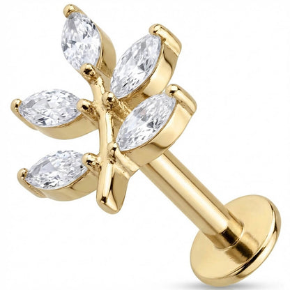Titanium Labret Crystal Marquise Leaf Branch Internally Threaded