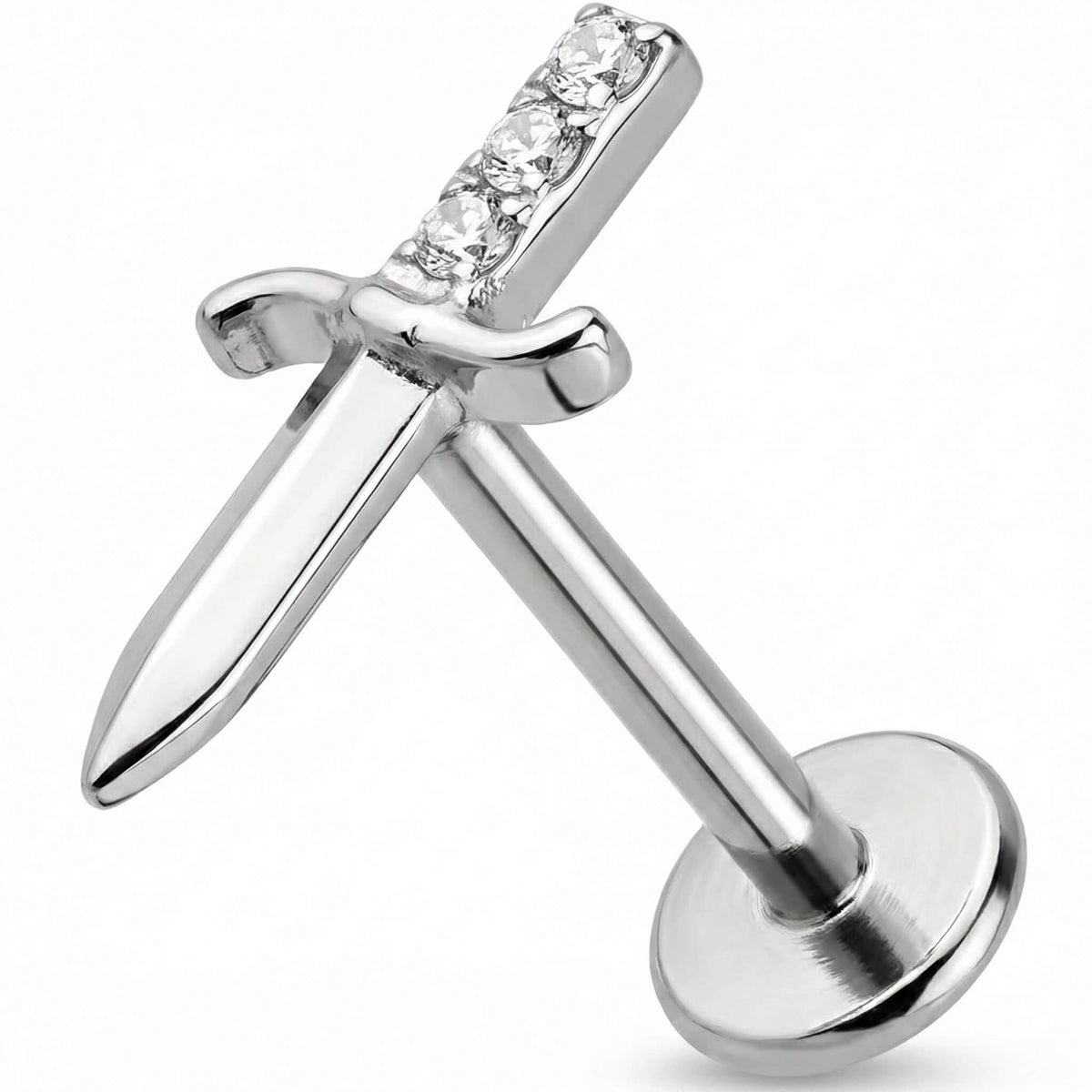 Titanium Labret Dagger With Clear Stones Internally Threaded