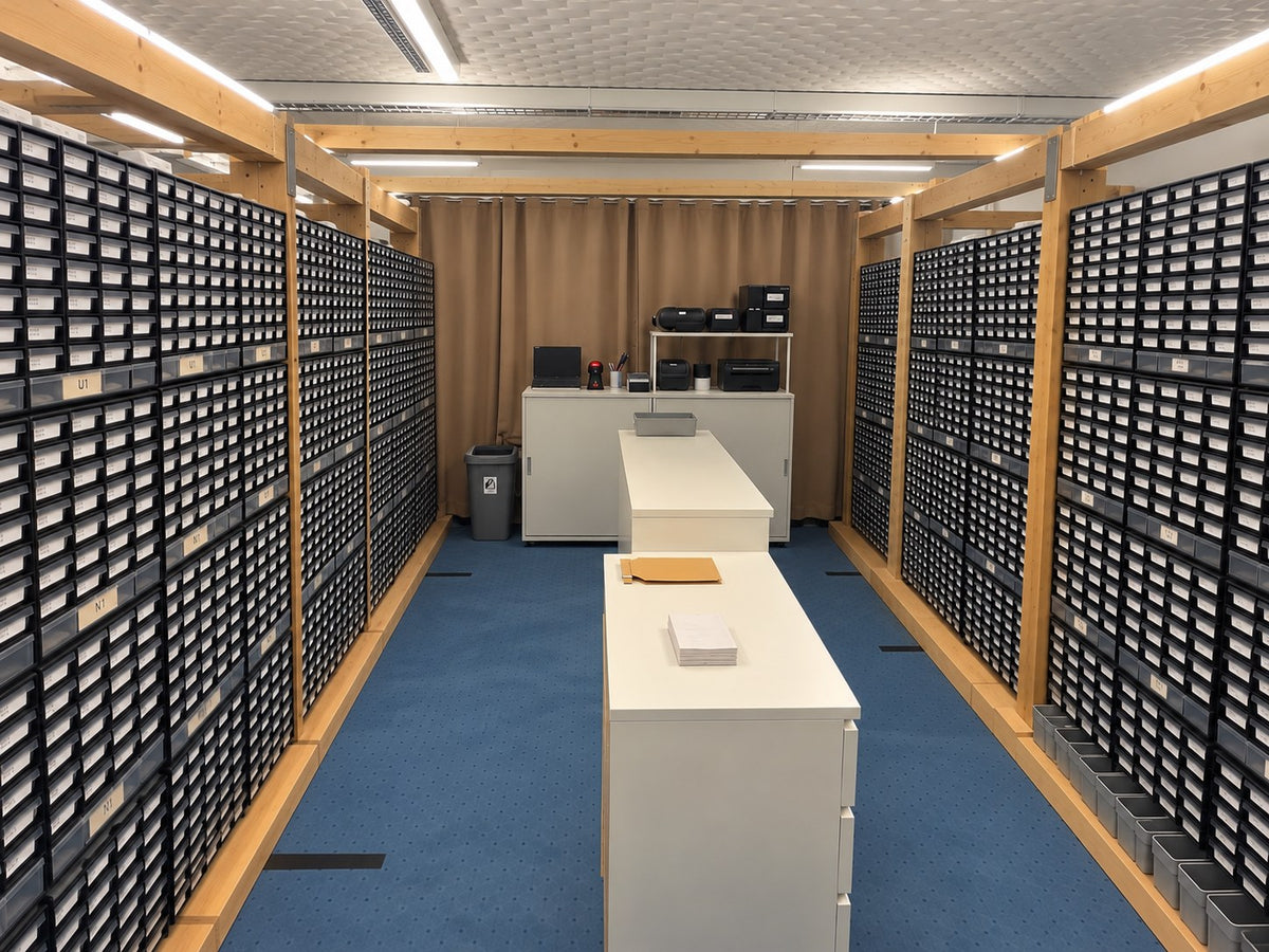 Unser Lager in Leverkusen mit Tausenden beschrifteten Schubladen voller Piercingschmuck
